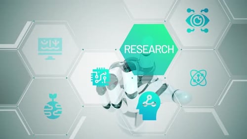 Futuristic Robotic Hand Interacting with Digital Research Interface