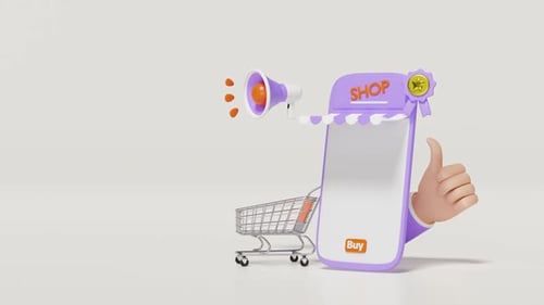 3D Smartphone E-commerce Marketing with Megaphone and Shopping Cart