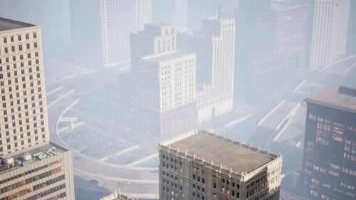 Drone Shot Modern Cityscape Flyover with Corporate Buildings and Traffic