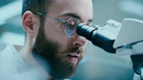 Forscher benutzt das Mikroskop und spricht mit dem Assistenten im Labor