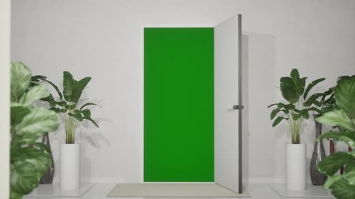 Door Opening Animation In A Light White Room, Green Screen Chroma Key