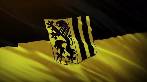 Waving Flag with Heraldic Lion and Stripes Emblem