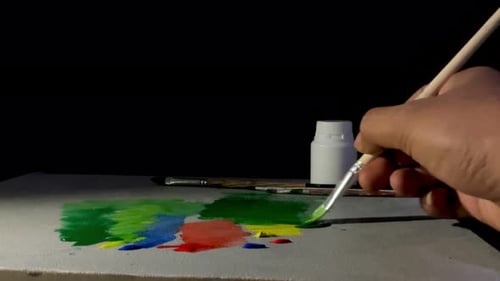 Hand Painting with Green Paint Brush on Canvas