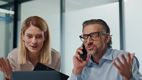 Excited Office Workers Rejoicing Indoor Closeup. Smiling Man Woman Colleagues Winning Successful