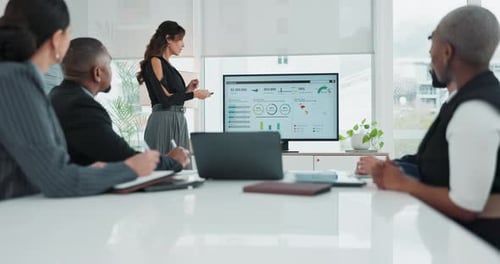 Group of people, meeting and presentation screen with data analysis, diversity