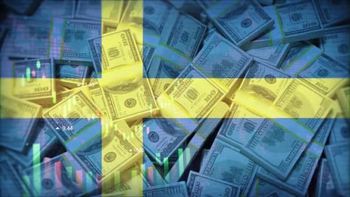 Sweden Flag with Financial Growth Charts and US Dollars