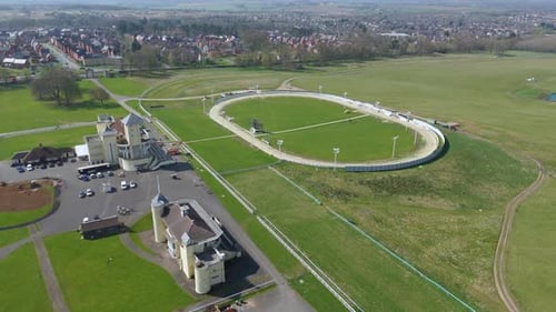 Sunny Day Aerial Perspective of Horse Racecourse in Rural England