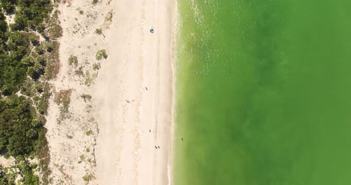 Fliegen Sie über die Küste mit Menschen, die auf dem Sand und dem grünen Meer auf der rechten Seite des Bildes laufen