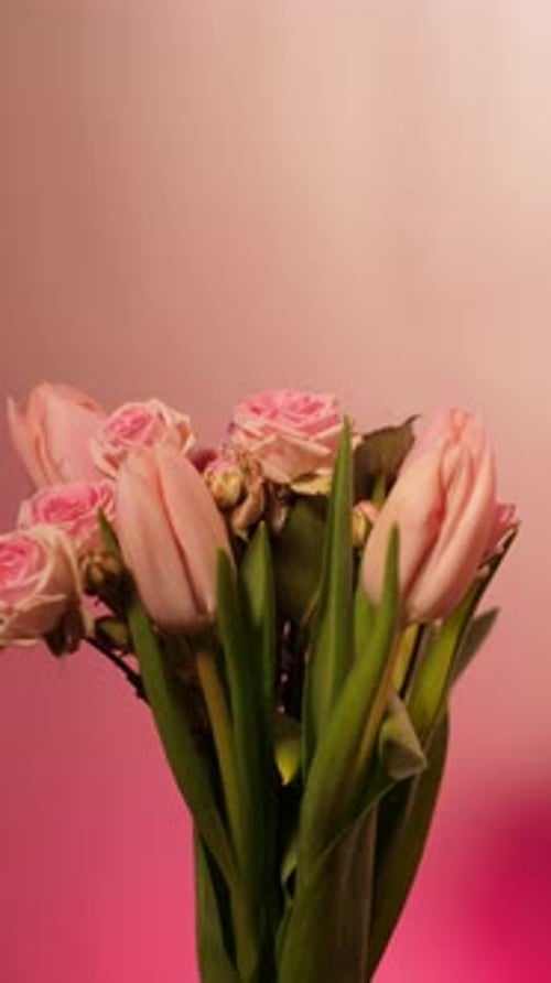 Bouquet of Pink Spring Flowers on a Neon Background