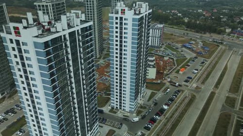 Construction site of a new city block. Construction of multi-storey buildings.