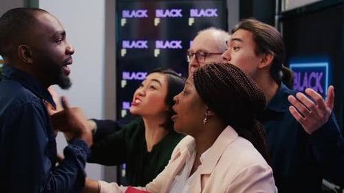 Mad Diverse People at Store Entrance