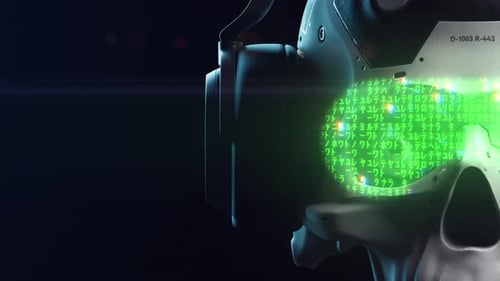 Crazy Neural Networks. Futuristic human skull in headphones. with holographic random code
