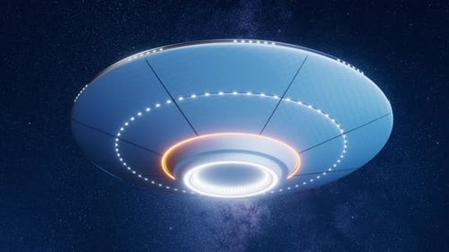 Futuristic UFO Spaceship Hovering and Rotating in Deep Space
