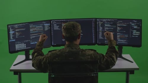 Asian Man Soldier Celebrating And Dancing While Write Code With Multiple Screens In Green Screen