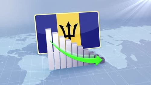 Barbados Flag With Decrease Bar Chart Graph And Arrow Green