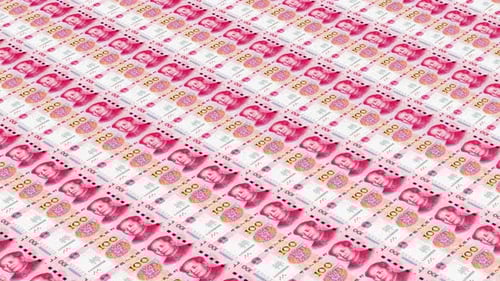Printing money Chinese Yuan. CNY paper money banknotes background