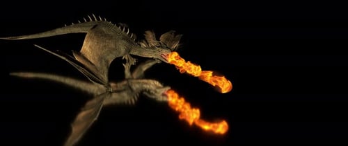 Un dragón realista respira fuego sobre un fondo negro sobre una superficie reflectante. Animación 3D.