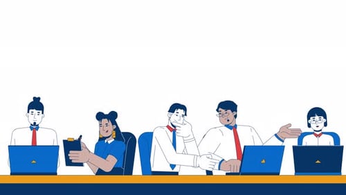 Fila de diversos funcionários discutindo ideias juntos na mesa, animação de personagens 2D