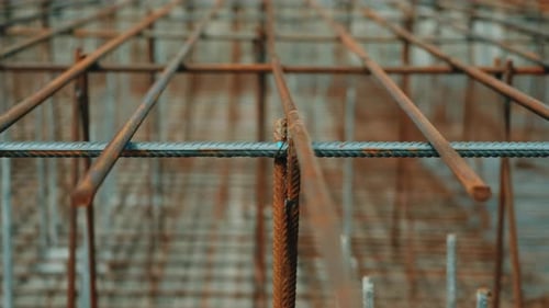 Steel Rebar Grid Structure at Construction Site with Depth Perspective