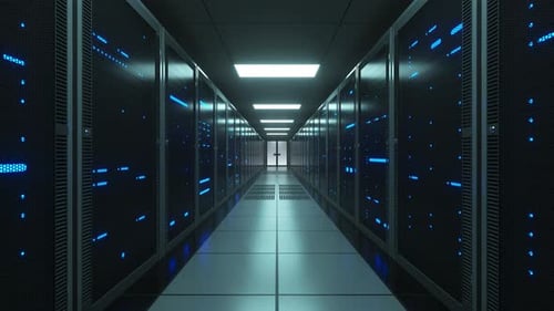 Racks of Futuristic Network and Data Servers with Mesh Covers in A