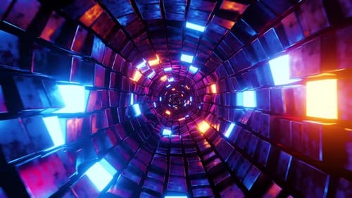 Neon Glowing Cube Tunnel Abstract Purple Blue Orange Digital Art Lightscape