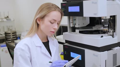 Scientifique évaluant les résultats analytiques à l'aide d'un équipement de mesure précis en laboratoire