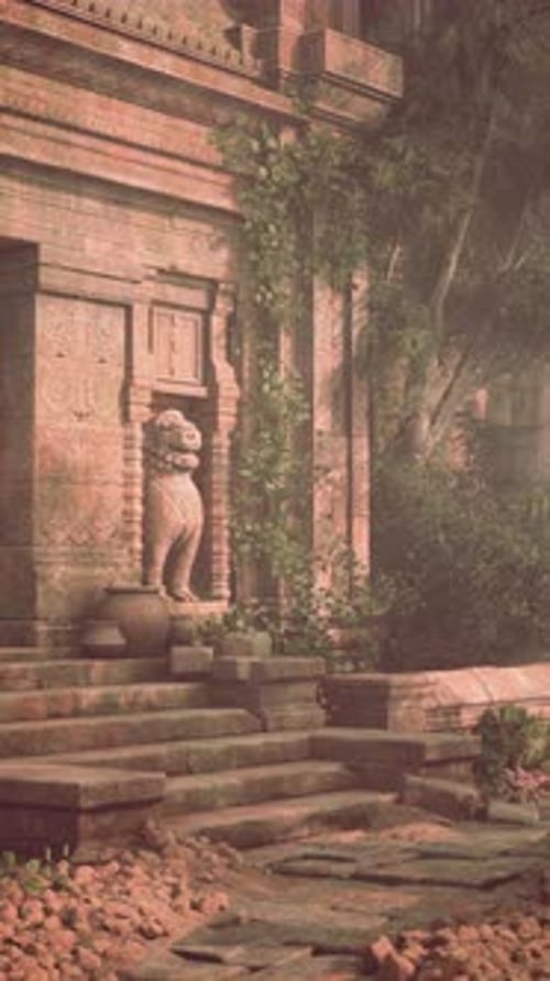 Ancient Temple With Statue on Steps