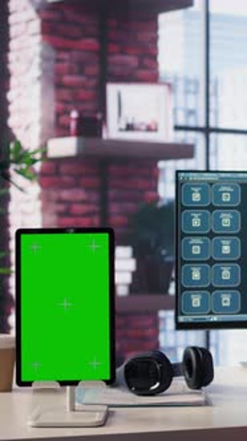 Freelancer de Vídeo Vertical Interactuando con un Asistente Virtual Inteligente de Inteligencia Artificial junto a la pantalla de maquetas