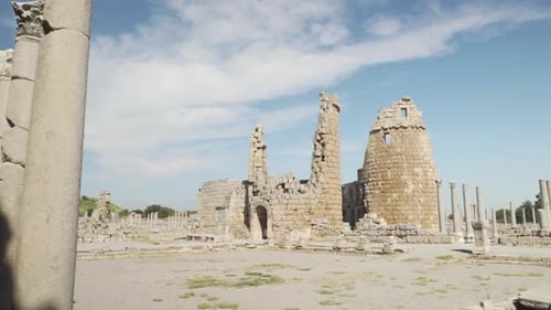 Scenic ruins of Hellenistic city gate in Perge (Perga), Turkey