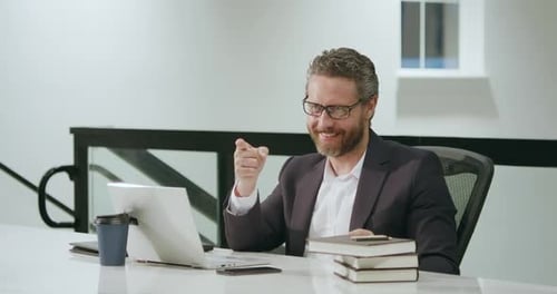 Office Worker Chatting Video Call Business Man Chatting Video Call Via Laptop in Modern Office