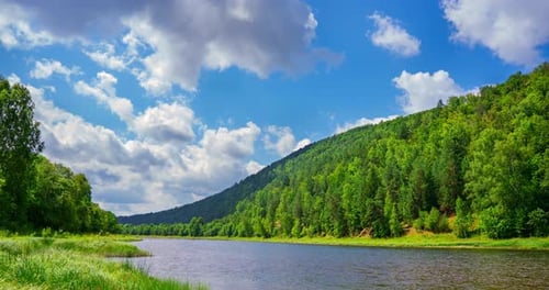 Timelapse of the Movement of Clouds Over a Mountain River