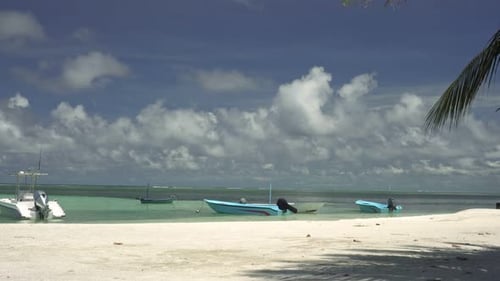 Tropical Beach Boats and Boats in the Sea Near the Shore Panorama of Tropical Island Maldives