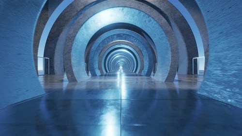 Seamless camera movement through a concrete tunnel. Looped 3D animation, seamless abstract blue room