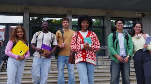 Diverse Group of Students Smiling on College Steps