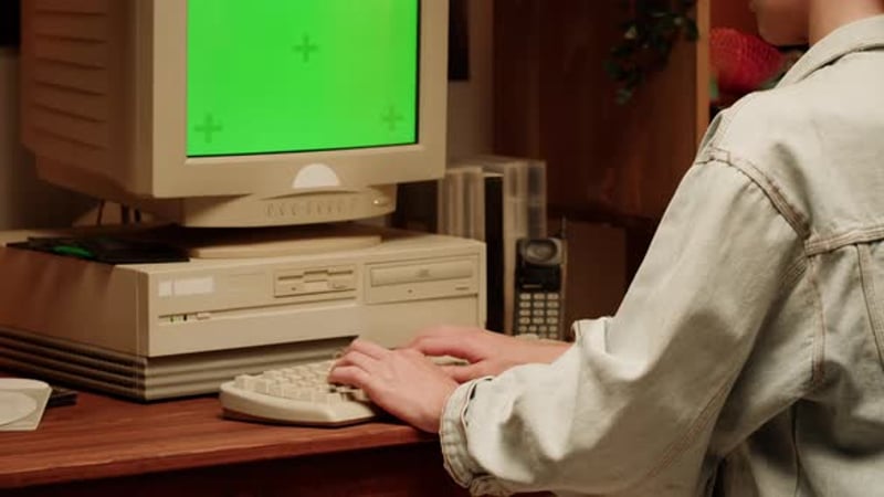 Retro PC with Croma Key Green Screen Using Vintage Old Computer Dvd ...