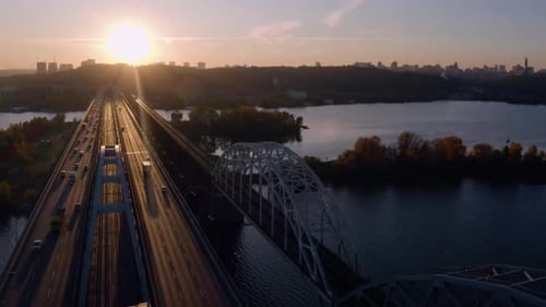 Urban Cityscape with Bridge Ad Sunset Light