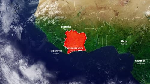 Animated Ivory Coast Country Map Highlight on Global Satellite View