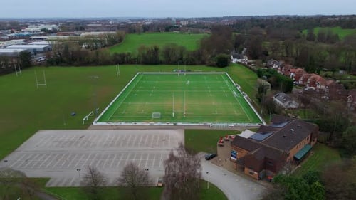 Aerial view of Rugby field and building, United Kingdom.