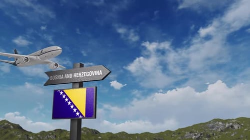 Bosnia And Herzegovina Flag With Airplane And Arrow Sign