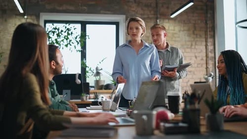 Businesswoman Brainstorming Office Team in Boardroom Boss Asking Work Results