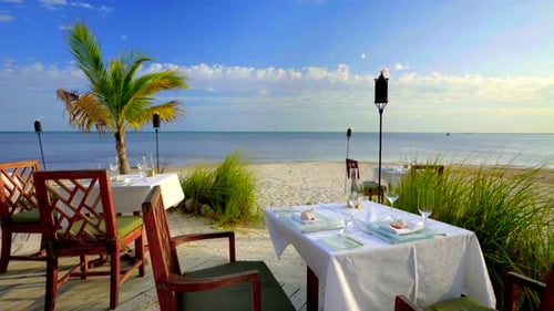Dinner tables overlook turquoise ocean on a tropical bahamas beach resort