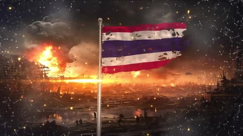 War-Torn Thailand Flag Waving in Devastated Post-Apocalyptic City