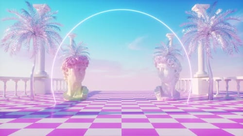 Pastel Retro Dreamscape with Neon Arch and Classical Busts