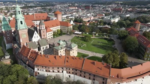 Wawel Royal Castle in Krakow. Stunning Aerial shots of historic orange roofed buildings in Krakow Po
