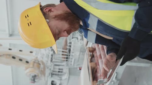 Male Worker In Uniform Using Digital Tablet