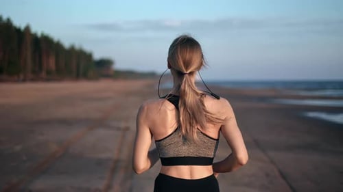 Female Runner Jogger Morning Cardio Training Sea Morning Sand Beach Nature Scenery Listening Music