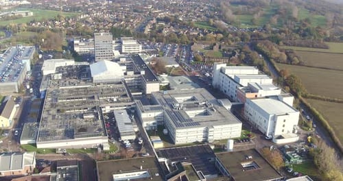 Wide aerial view of Basildon University Hospital A&E, Nethermayne, Essex, UK