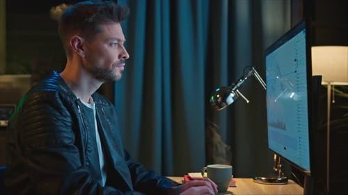 Man Working at Computer Desk at Night