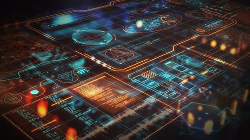 Interface futuriste affichant des informations complexes d'analyse et de traitement de données