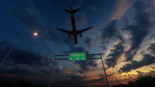 Louisville City Road Sign - Airplane Arriving To Louisville Airport Travelling To United States